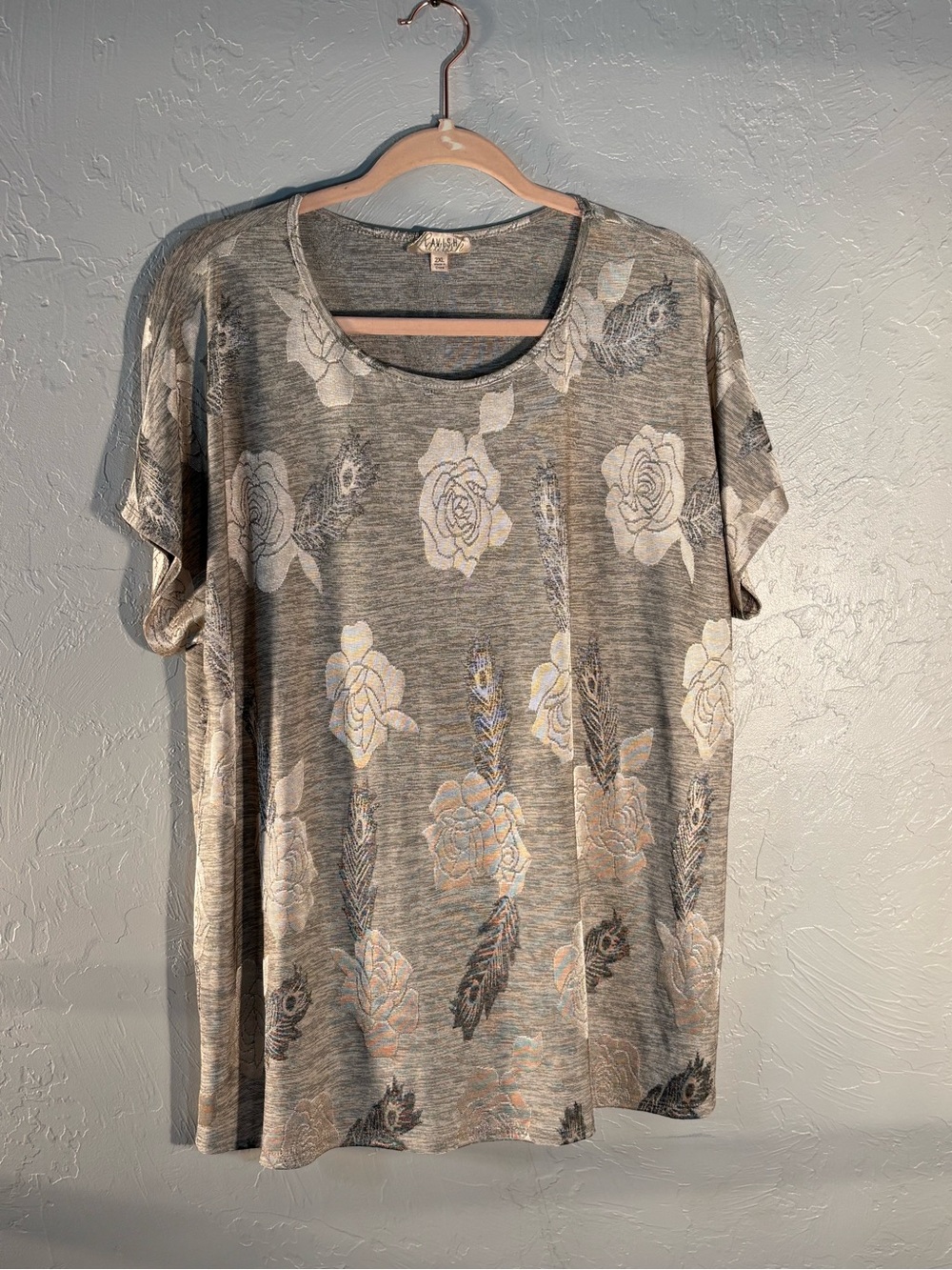 Lavish Gray Floral & Feather Scoop Neck Short Sleeve Top